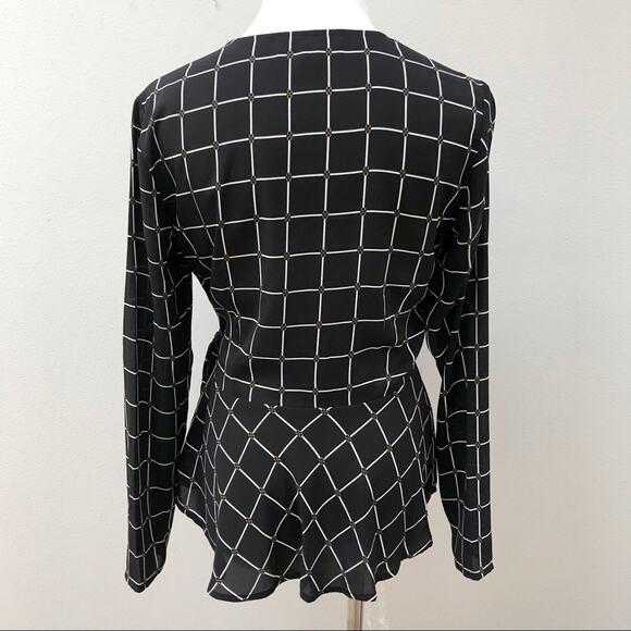 Michael Kors Black & White Windowpane Crossover Long Sleeve Wrap Blouse Women XS - Picture 8 of 10